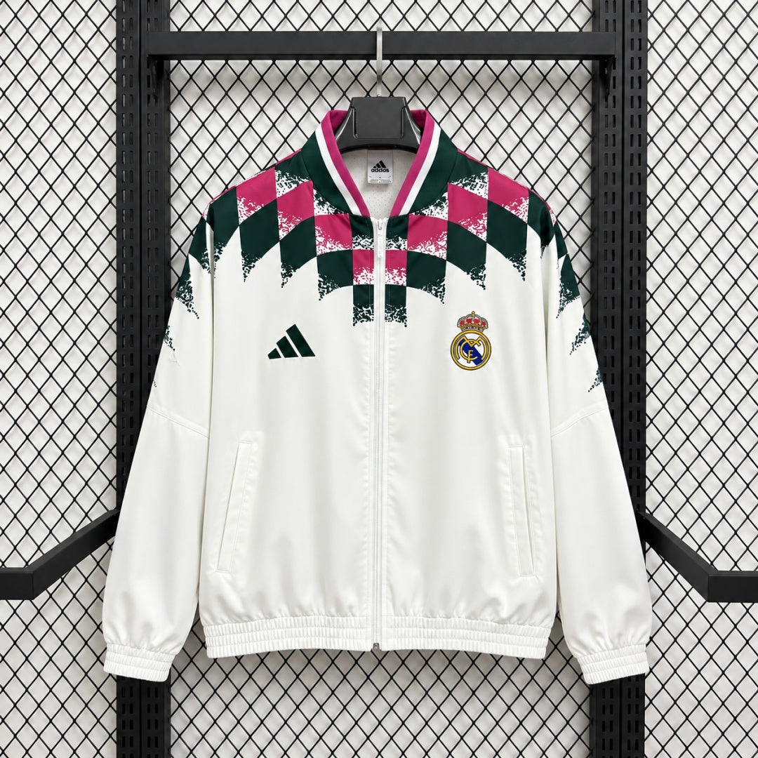 Real Madrid Veste Coupe-Vent – Blanche – Motifs géométriques – vue avant